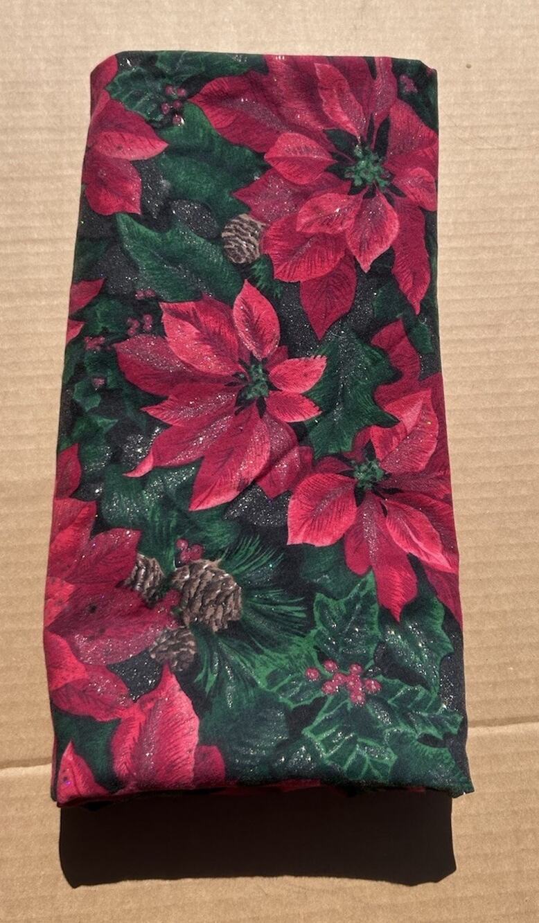 Vintage Christmas Poinsettia Round Tablecloth 58” Cotton Glitter Holiday Floral